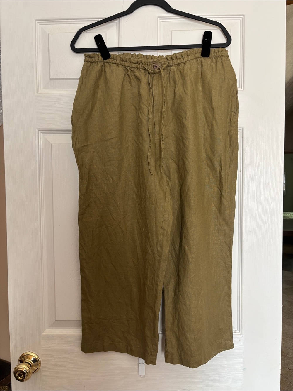 Jamaica Bay Cropped Drawstring Linen-Blend Pants in Olive